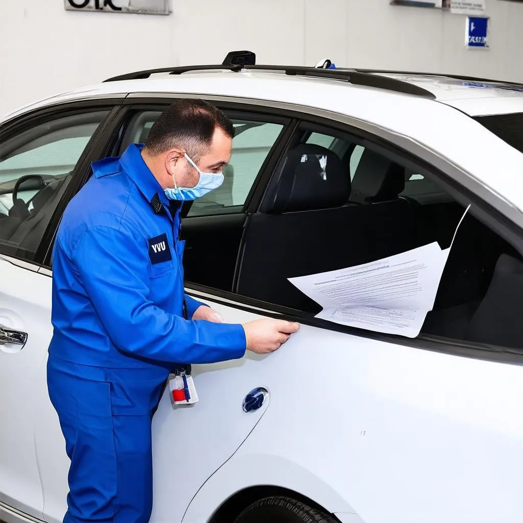 TÜV-Prüfer begutachtet ein Auto für ein Wertgutachten